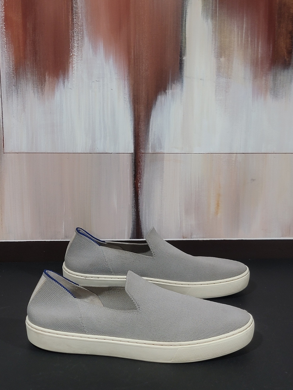Rothy's Women Slip-On Loafers in Light Gray with Blue Trim